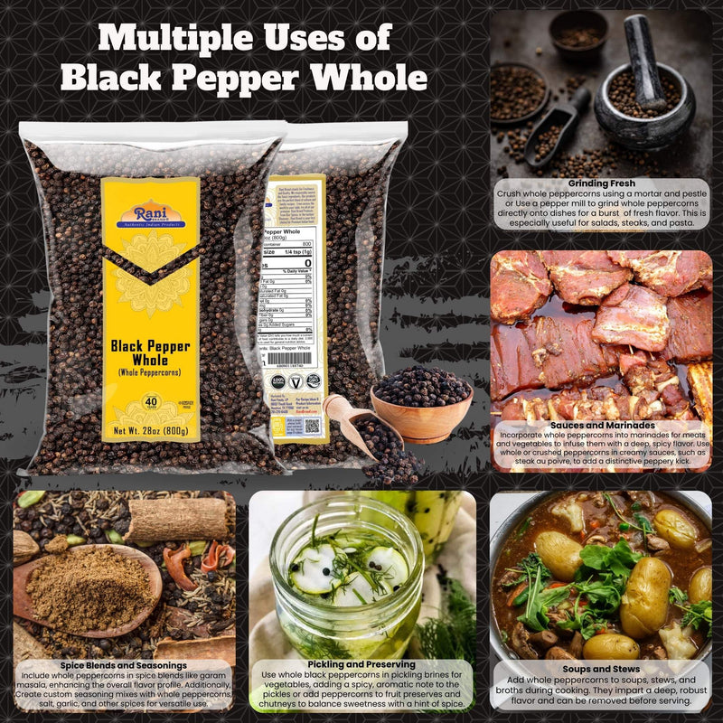 Rani Black Pepper Whole (Peppercorns), Premium Bold Tellicherry Quality 28oz (1.75lbs) 800g ~ All Natural | Gluten Friendly | Non-GMO | Kosher | Product of Vietnam | Perfect size for Grinders!
