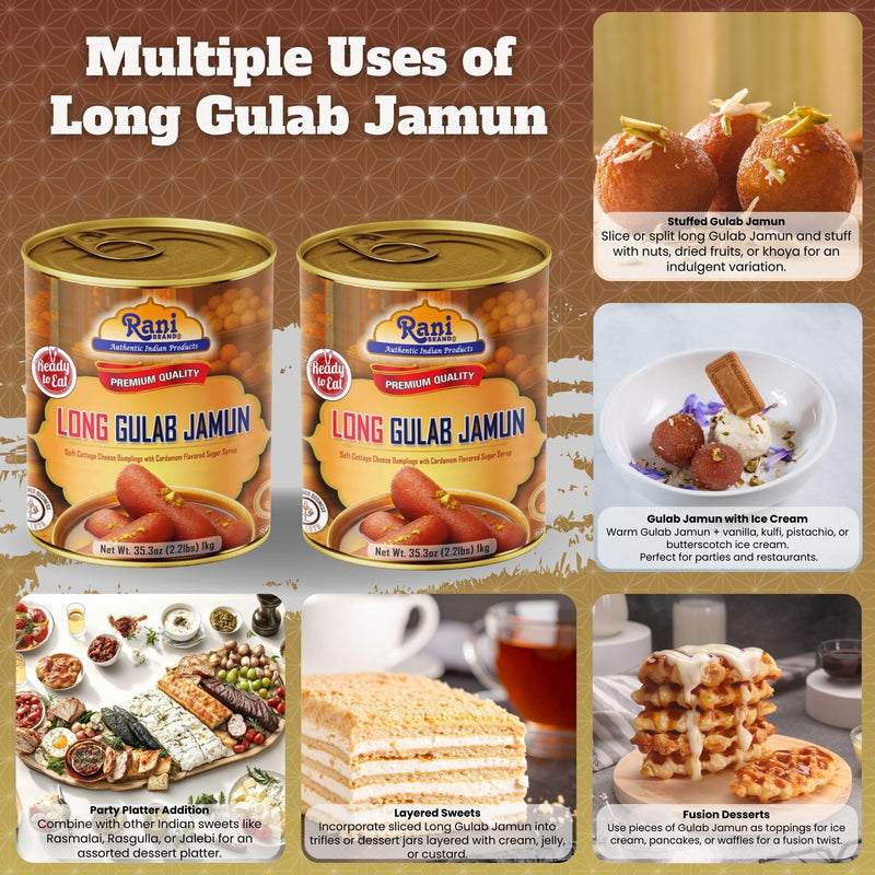 Rani Gulab Jamun Long (w/ Cardamom Flavored Sugar Syrup) 35.3oz (2.2lbs) 1kg, Pack of 2, Approximately 14 pieces, Easy Open Lid ~ Ready to eat | Vegan | Non-GMO | Kosher | Indian Origin