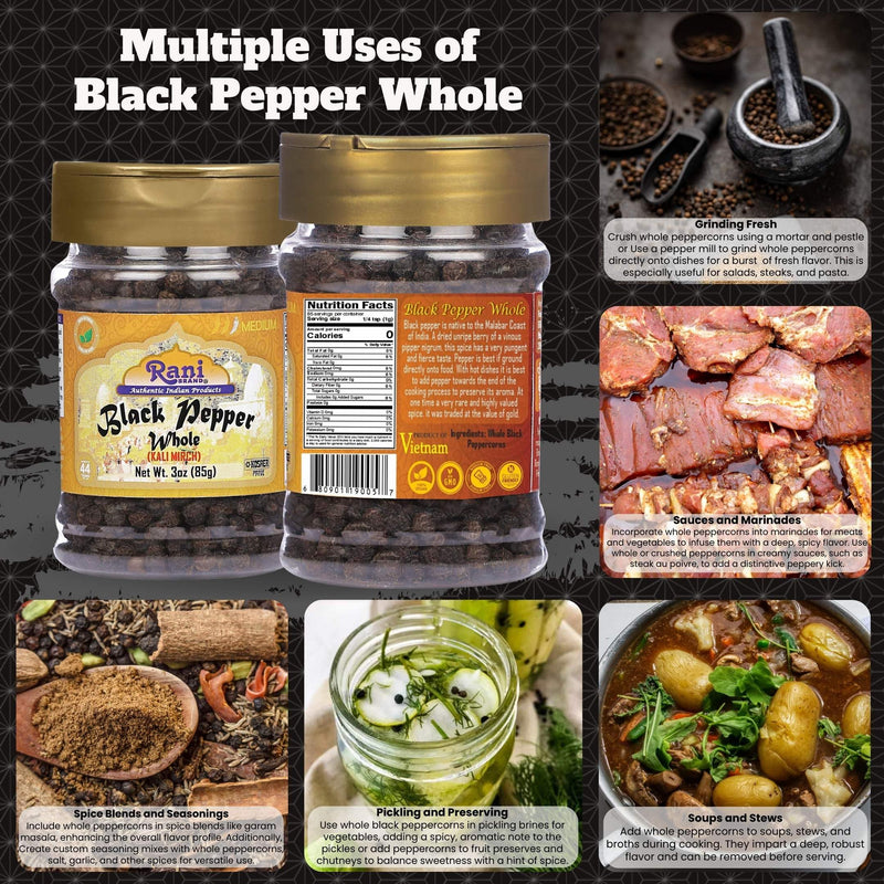 Rani Black Pepper Whole (Peppercorns), Premium Bold Tellicherry Quality 3oz (85g) PET Jar ~ All Natural | Gluten Friendly | Non-GMO | Kosher | Product of Vietnam | Perfect size for Grinders!