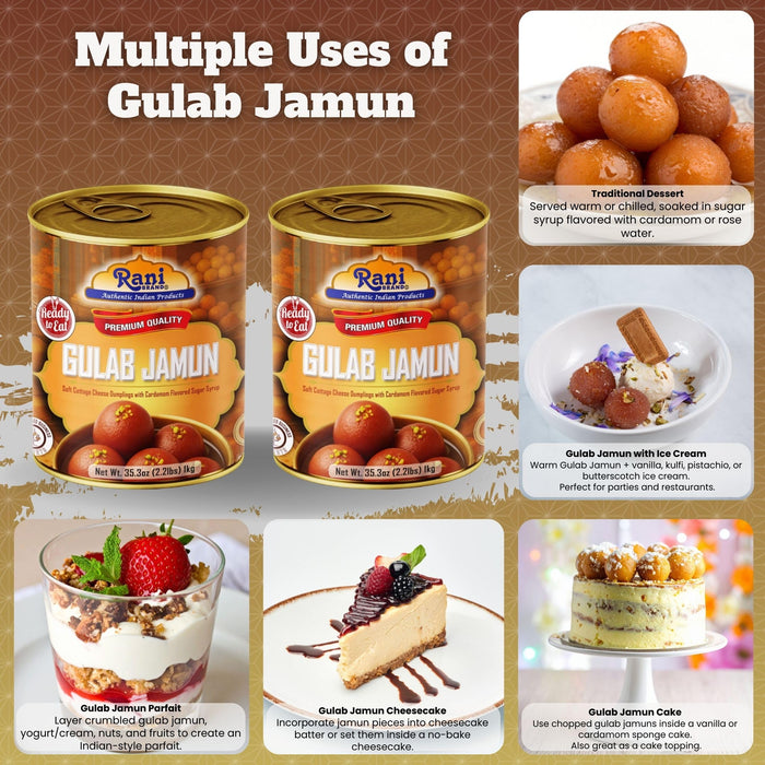 Rani Gulab Jamun Round (w/ Cardamom Flavored Sugar Syrup) 35.3oz (2.2lbs) 1kg, Pack of 2, Approximately 14 pieces, Easy Open Lid ~ Ready to eat | Vegan | Non-GMO | Kosher | Indian Origin