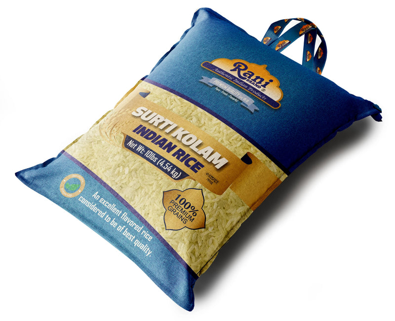 Rani Surti Kolam Indian Rice 160oz (10lbs) 4.54kg Cloth Bag ~ All Natural | Gluten Friendly | Vegan | Kosher | Export Quality | Indian Origin