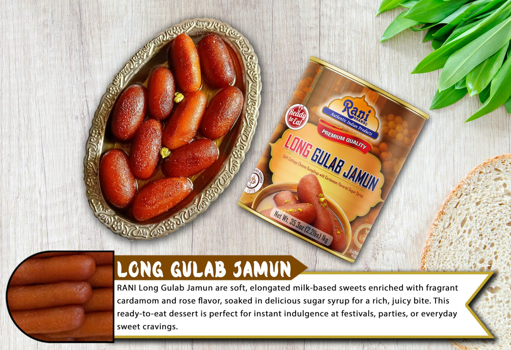 Rani Gulab Jamun Long (w/ Cardamom Flavored Sugar Syrup) 35.3oz (2.2lbs) 1kg, Approximately 14 pieces, Easy Open Lid ~ Ready to eat | Vegan | Non-GMO | Kosher | Indian Origin