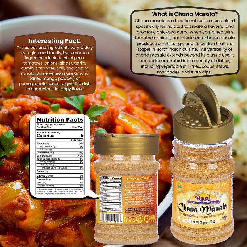 Rani Chana Masala (Garbanzo Curry 15-Spice Blend) 3.5oz (100g) PET Jar ~ All Natural | Vegan | No Colors | Gluten Friendly | NON-GMO | Kosher | Indian Origin