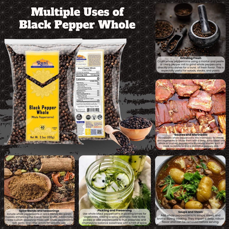Rani Black Pepper Whole (Peppercorns), Premium Bold Tellicherry Quality 3.5oz (100g) ~ All Natural | Gluten Friendly | Non-GMO | Kosher | Product of Vietnam | Perfect size for Grinders!
