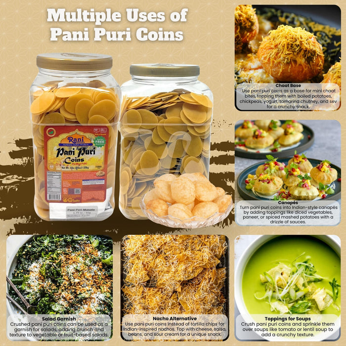 Rani Pani Puri Coins (Uncooked, Microwaveable Wheat Semolina Coins) 64oz (4lbs) w/Pani Puri Masala (14-Spice Blend for Indian Spicy Water) 1.75oz (50g) ~ All Natural | Vegan | NON-GMO | Kosher