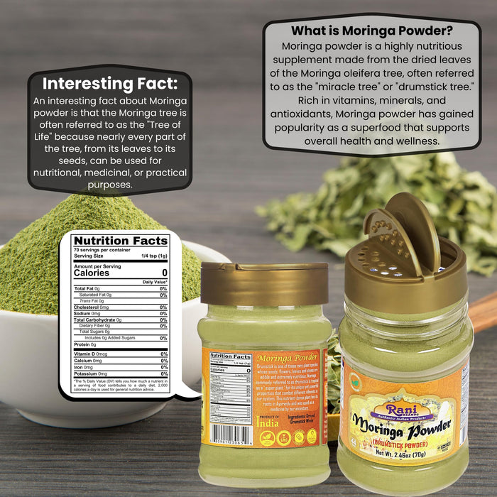 Rani Moringa Powder (Drumstick Powder) 2.46oz (70g) PET Jar ~ 100% Natural | Vegan | Gluten Friendly | NON-GMO | Kosher | No colors | Indian Origin