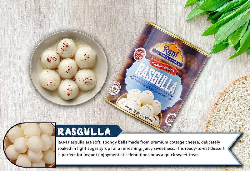 Rani Rasgulla (Cheese Curd Dumplings in Rose Flavor) 35.3oz (2.2lbs) 1kg, Pack of 6, Approximately 14 pieces, Easy Open Lid ~ Ready to eat | Gluten Friendly | Vegan | Non-GMO | Kosher | Indian Origin