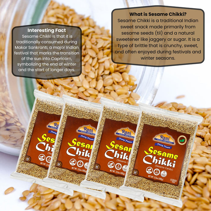 Rani Sesame Chikki (Brittle Candy) 100g (3.5oz) x Pack of 4 ~ All Natural | Vegan | Kosher | No colors | Gluten Friendly  | Indian Origin