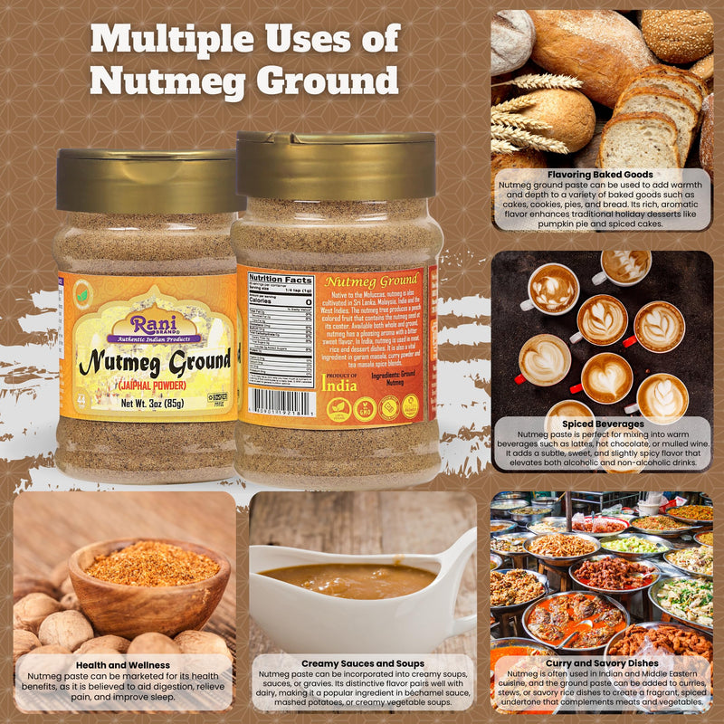 Rani Nutmeg (Jaiphul) Ground Powder Spice 3oz (85g) PET Jar ~ Perfect for Baking, Cooking, Smothies, Lattes & Dessert, All Natural | Vegan | Gluten Friendly | NON-GMO | Kosher | Indian Origin