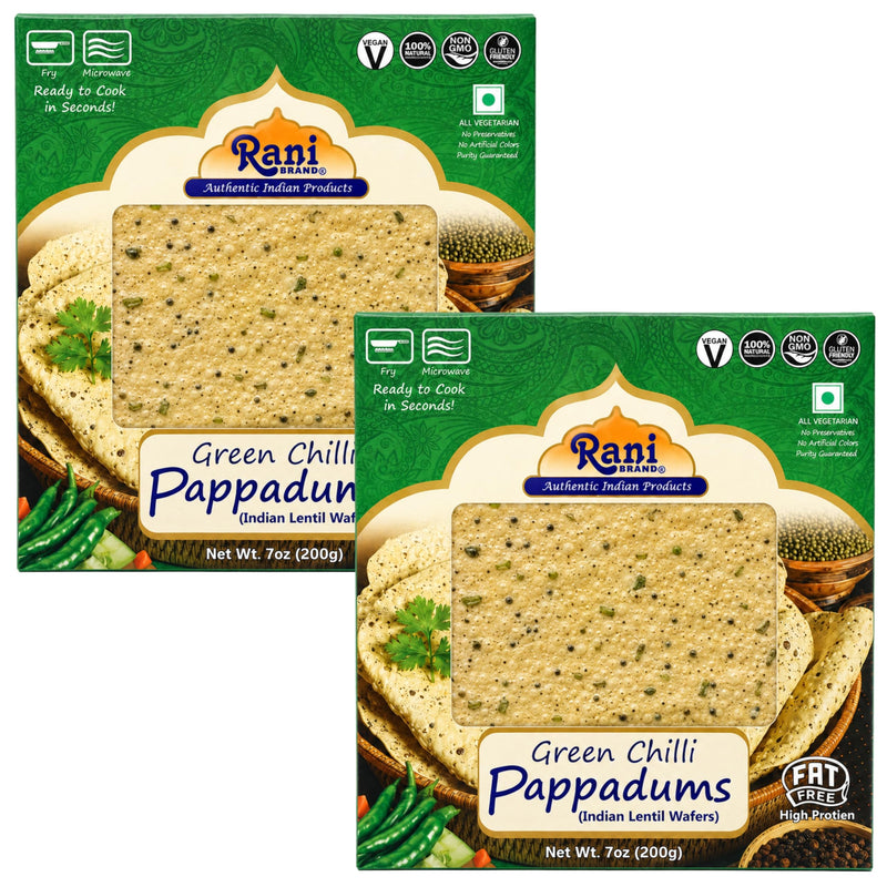 Rani Pappadums (Indian Lentil Wafer Snack) Green Chilli Papad 7oz (200g) Approximately 15pc, 7 inches, Pack of 2 ~ All Natural | Gluten Friendly | NON-GMO | Vegan | Indian Origin