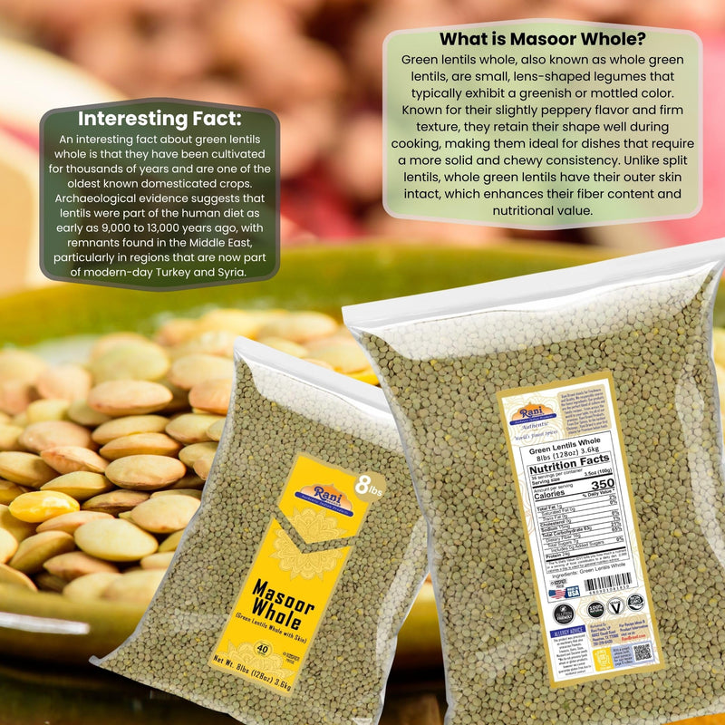 Rani Masoor Whole (Green Lentils Whole With Skin) 128oz (8lbs) 3.63kg Bulk ~ All Natural | Vegan | Gluten Friendly | Non-GMO | Kosher | Product of USA