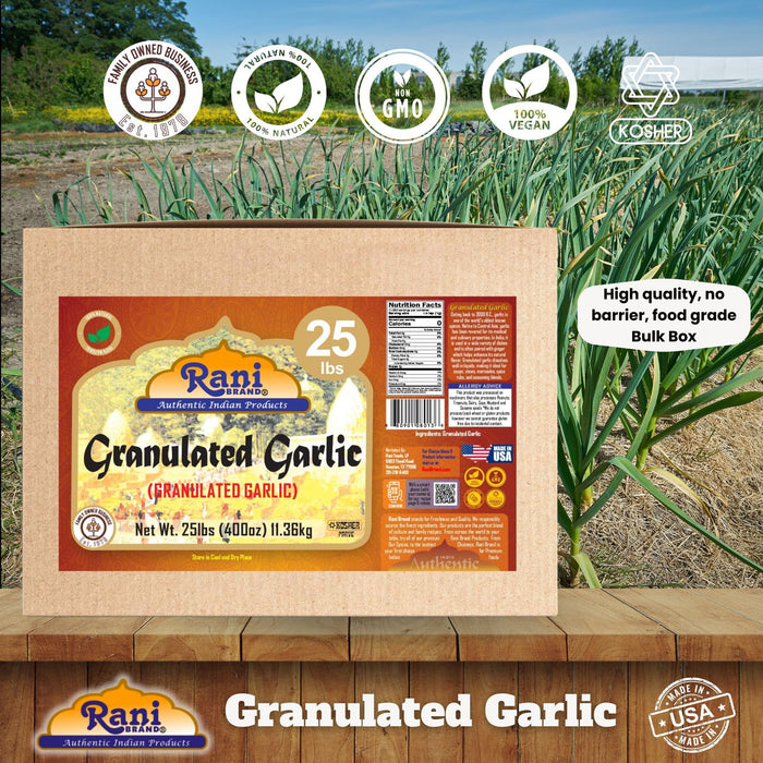 Rani Granulated Garlic (Coarse Ground Garlic) 400oz (25lbs) 11.36kg Bulk Box ~ All Natural | Gluten Friendly | Vegan | NON-GMO | Kosher | No Salt or fillers | Product of USA