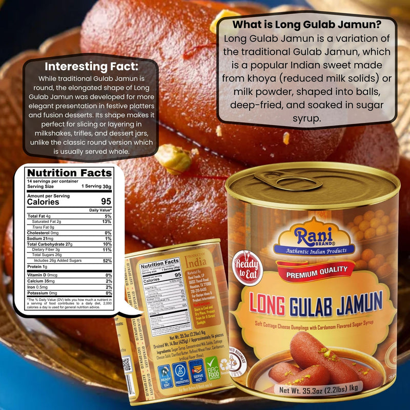 Rani Gulab Jamun Long (w/ Cardamom Flavored Sugar Syrup) 35.3oz (2.2lbs) 1kg, Pack of 2, Approximately 14 pieces, Easy Open Lid ~ Ready to eat | Vegan | Non-GMO | Kosher | Indian Origin