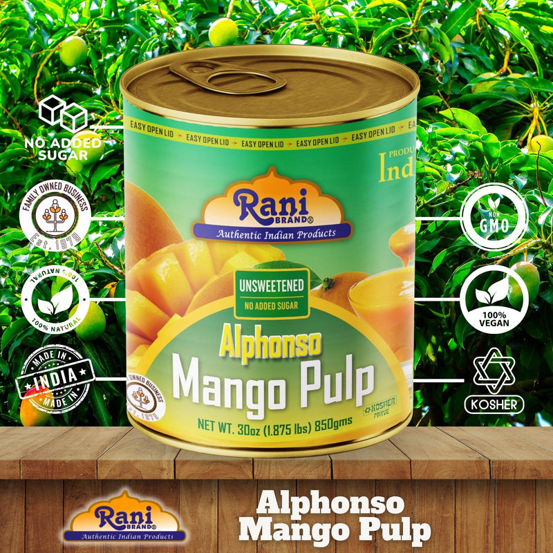 Rani Mango Pulp Puree (Makes Mango Lassi Shakes) Alphonso Unsweetened 30oz (1.875lbs) 850g Pack of 2 ~ Kosher | All Natural | NON-GMO | Vegan | No colors | Gluten Friendly | Indian Origin