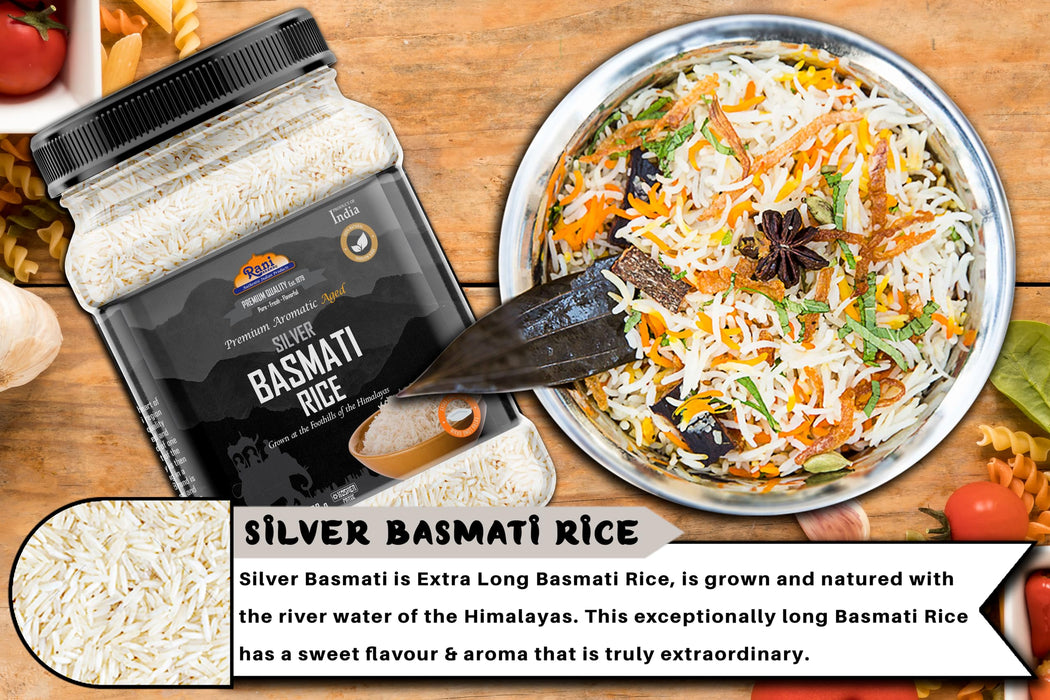 Rani Silver White Basmati Rice Extra Long Aged 32oz (2lbs) 908g PET Jar ~ All Natural | Gluten Friendly | Vegan | Indian Origin | Kosher | Export Quality