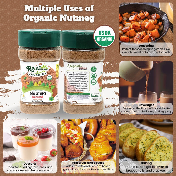 Rani Organic Nutmeg (Jaiphul) Ground Powder Spice 3oz (85g) PET Jar ~ All Natural | Vegan | Gluten Friendly | NON-GMO | Kosher | Indian Origin | USDA Certified Organic