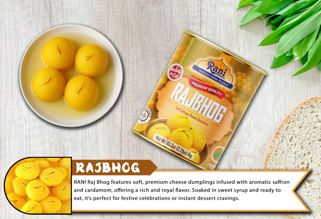 Rani Rajbhog (Soft Cottage Cheese Dumplings) 35.3oz (2.2lbs) 1kg, Approximately 14 pieces, Easy Open Lid ~ Ready to eat | All Natural | Gluten Free | Non-GMO | Kosher | Indian Origin