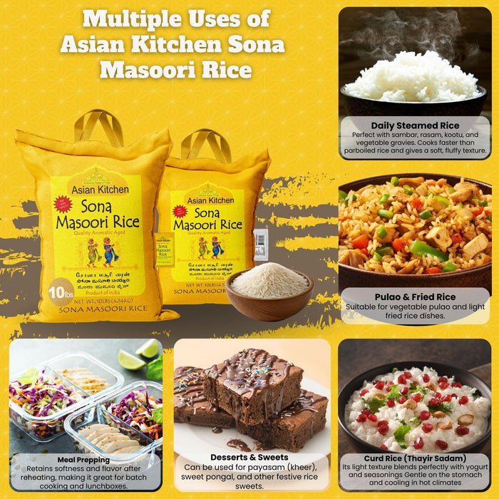 Asian Kitchen White Sona Masoori Aged Rice 10lbs (4.54kg) Short Grain Rice ~ All Natural | Gluten Friendly | Vegan | Indian Origin | Export Quality