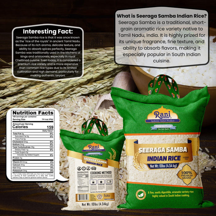 Rani Seeraga Samba Indian Rice 160oz (10lbs) 4.54kg Cloth Bag ~ All Natural | Gluten Friendly | Vegan | Kosher | Export Quality | Indian Origin