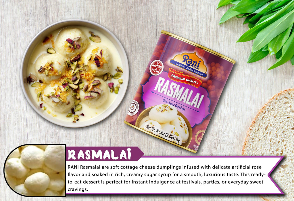 Rani Rasmalai (Soft Cheese Dumplings) 35.3oz (2.2lbs) 1kg, Pack of 2, Approximately 14 pieces, Easy Open Lid ~ Ready to eat | Gluten Friendly | Vegan | Non-GMO | Kosher | Indian Origin