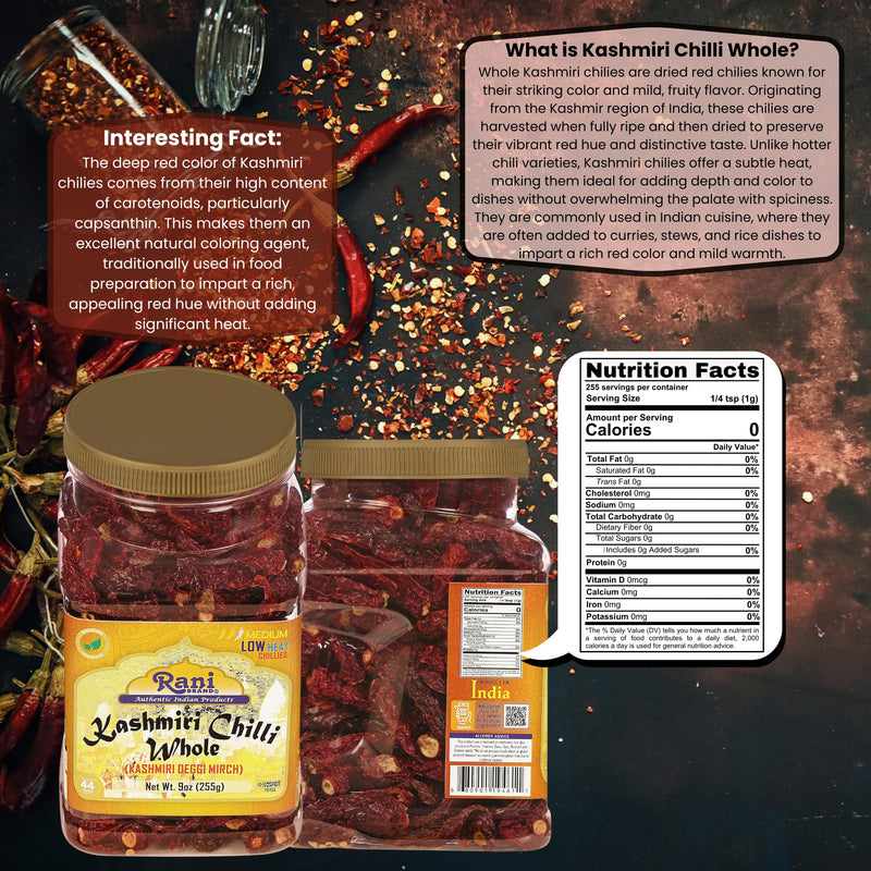 Rani Kashmiri Chilli Whole Stemless (Deggi Mirch, Low Heat) 9oz (255g) PET Jar ~ Natural | Salt-Free | Vegan | No Colors | Gluten Friendly | NON-GMO | Kosher | Indian Origin