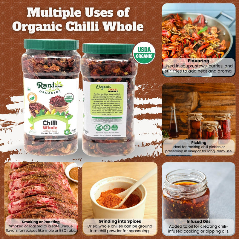 Rani Organic Chilli Whole (Lal Mirch Sabut) 7oz (200g) PET Jar ~ All Natural | Vegan | No Colors | Gluten Friendly | NON-GMO | Kosher | USDA Organic Certified