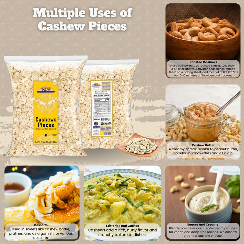 Rani Raw Cashews Halves and Pieces (uncooked, unsalted) 80oz (5lbs) 2.27kg Bulk ~ All Natural, No Preservatives | Vegan | NON-GMO | Kosher | Gluten Friendly