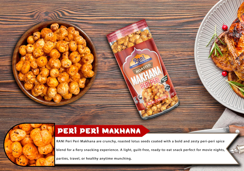 Rani Roasted Makhana (Fox Nut/Popped Lotus Seed) Peri Peri Flavor 2.6oz (75g) Ready to eat, Hand Picked Foxnuts ~ High in Protein | Vegan | Gluten Friendly | NON-GMO | Kosher | Indian Origin
