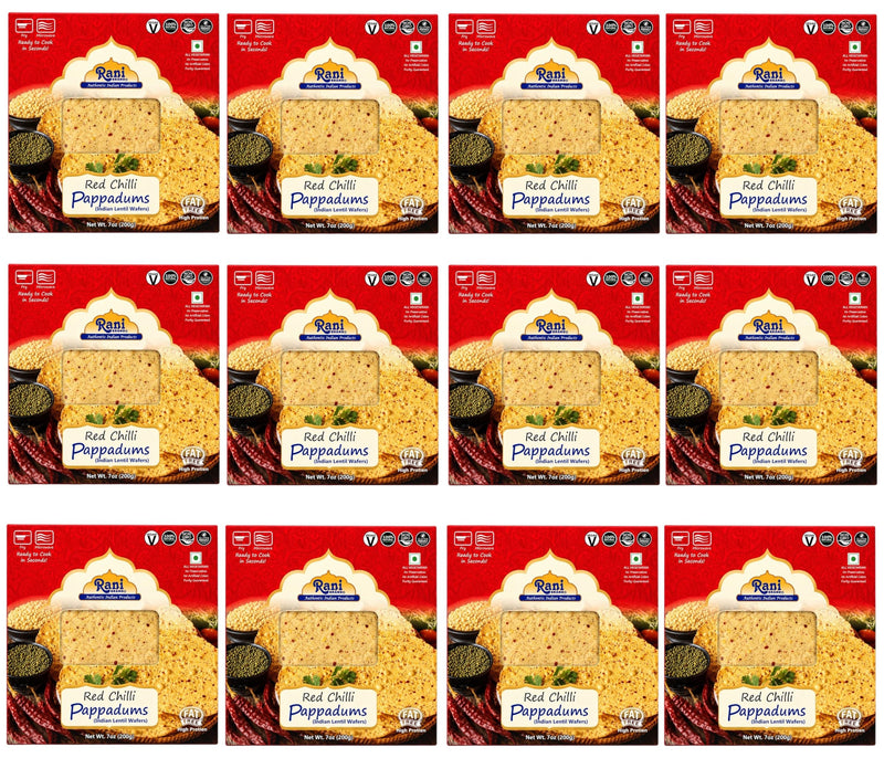 Rani Pappadums (Indian Lentil Wafer Snack) Red Chilli Papad 7oz (200g) Approximately 15pc, 7 inches, Pack of 12 ~ All Natural | Gluten Friendly | NON-GMO | Vegan | Indian Origin