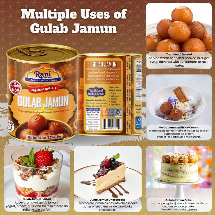 Rani Gulab Jamun Round (w/ Cardamom Flavored Sugar Syrup) 35.3oz (2.2lbs) 1kg, Approximately 14 pieces, Easy Open Lid ~ Ready to eat | Vegan | Non-GMO | Kosher | Indian Origin