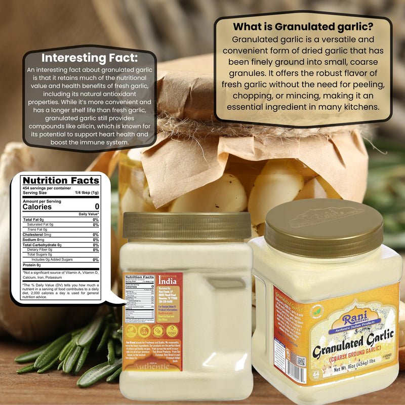 Rani Granulated Garlic (Coarse Ground Garlic) 16oz (1lb) 454g PET Jar ~ All Natural | Gluten Friendly | Vegan | NON-GMO | Kosher | No Salt or fillers | Product of USA