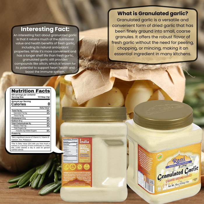 Rani Granulated Garlic (Coarse Ground Garlic) 16oz (1lb) 454g PET Jar ~ All Natural | Gluten Friendly | Vegan | NON-GMO | Kosher | No Salt or fillers | Product of USA