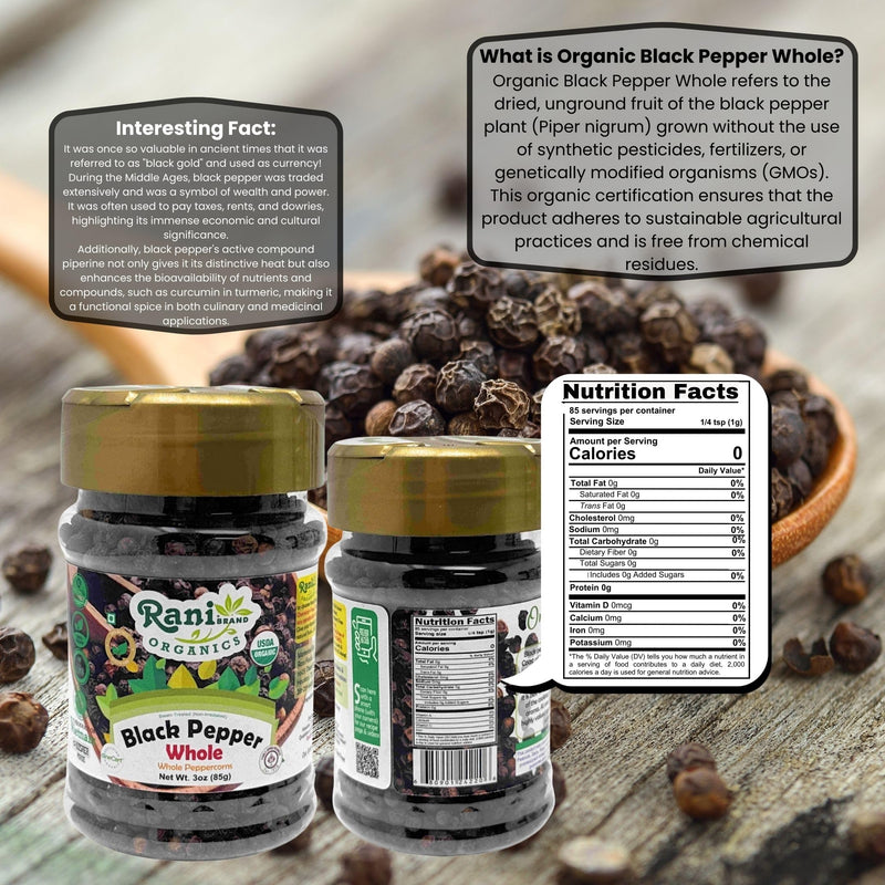Rani Organic Black Pepper Whole (Peppercorns), Premium Bold Tellicherry Quality 3oz (85g) PET Jar ~ All Natural | Gluten Friendly | Non-GMO | USDA Certified Organic | Kosher | Product of Vietnam