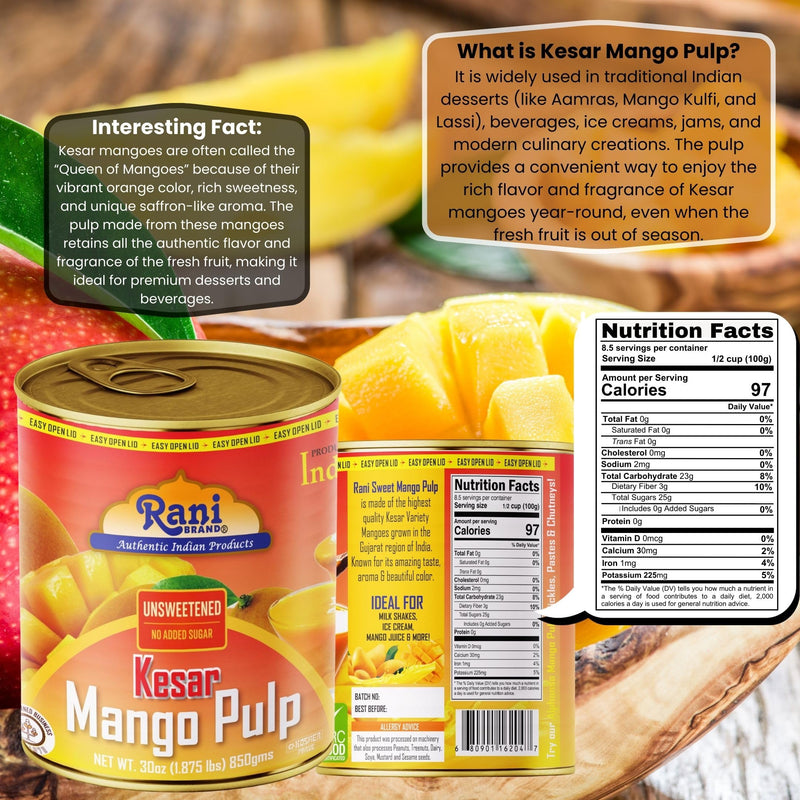 Rani Mango Pulp Puree (Makes Mango Lassi Shakes) Kesar Unsweetened 30oz (1.875lbs) 850g Pack of 2 ~ Kosher | All Natural | NON-GMO | Vegan | No colors | Gluten Friendly | Indian Origin
