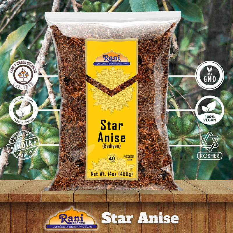 Rani Star Anise Seeds, Whole Pods (Badian Khatai) Spice 14oz (400g) ~ All Natural | Gluten Friendly | Kosher | Vegan | Whole Chinese Anise Star Sun Dried Spice, Anis Estrella / Illicium Verum, Widely Used for Baking, Drinks, Cooking, and Tea