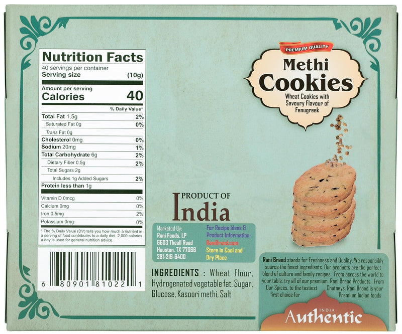 Rani Methi Cookies (Wheat Cookies with Savoury Flavour of Fenugreek) 14oz (400g) Premium Quality Indian Cookies ~ All Natural | Vegan | Non-GMO | Indian Origin