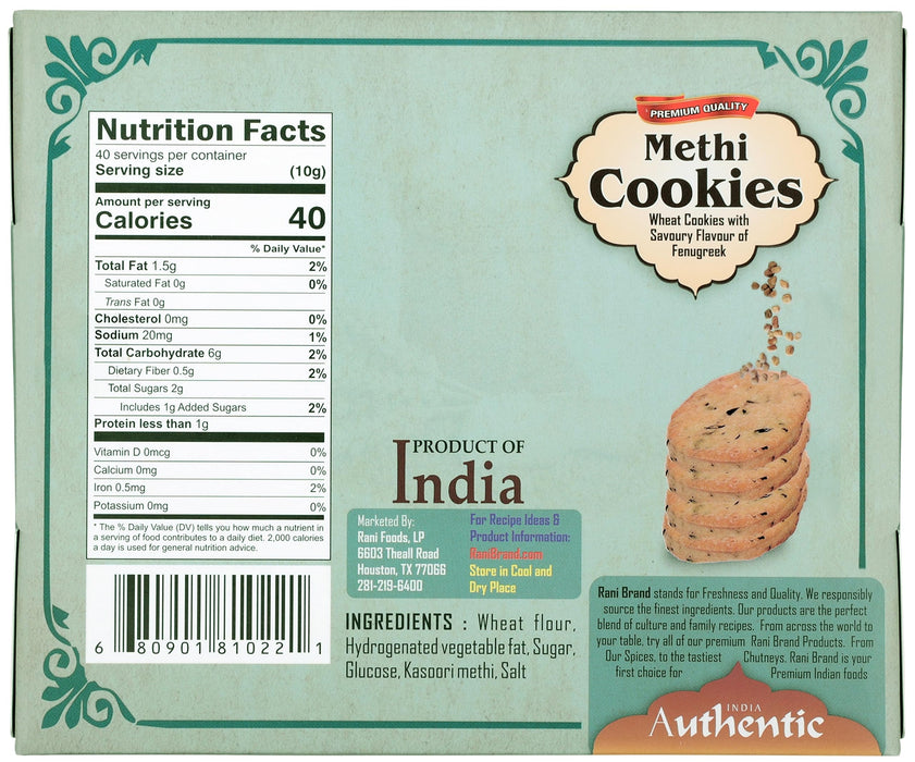 Rani Methi Cookies (Wheat Cookies with Savoury Flavour of Fenugreek) 14oz (400g) Pack of 3+1 FREE, Premium Quality Indian Cookies ~ All Natural | Vegan | Non-GMO | Indian Origin