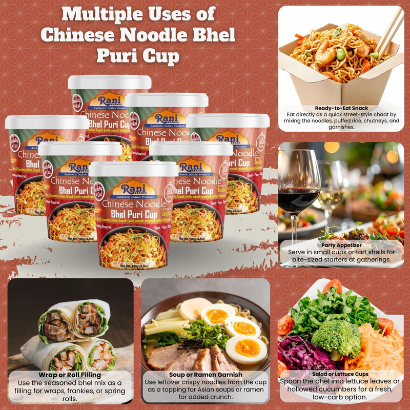 Rani Chinese Noodle Bhel Puri Cup (Spicy & Crunchy Indian Snack w/mouth watering Indian Chutneys) 3.5oz (100g), Pack of 6+1 FREE ~ Ready to Eat | Vegan | NON-GMO | Indian Origin