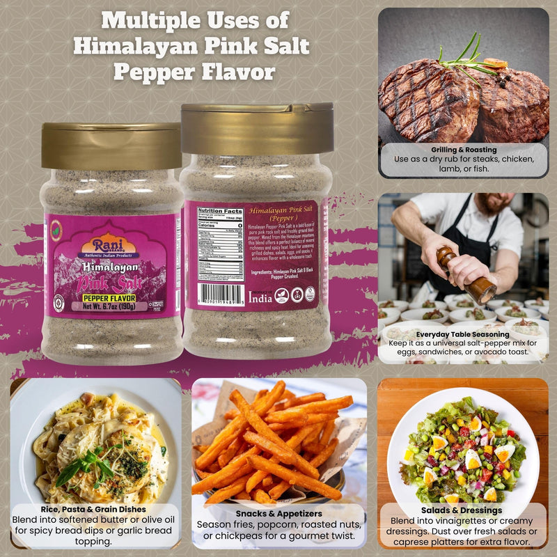Rani Himalayan Pink Salt Pepper Flavor (84 Essential Trace Minerals) 6.7oz (190g) PET Jar ~ All Natural | Vegan | Gluten Friendly | NON-GMO | Indian Origin