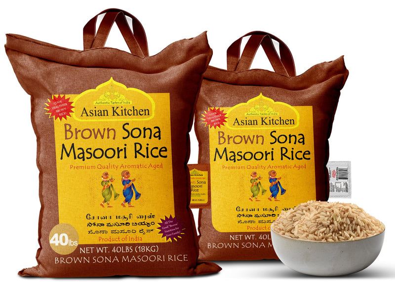 Asian Kitchen Brown Sona Masoori Aged Rice 40-Pound Bag, 40lbs (18.14kg) Short Grain Rice ~ All Natural | Gluten Friendly | Vegan | Kosher | Indian Origin | Export Quality