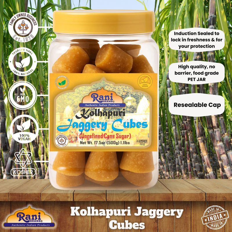 Rani Kolhapuri Jaggery Cubes (Unrefined Cane Sugar) 17.5oz (1.1lbs) 500g PET Jar ~ All Natural, No Color added, Gluten Friendly | Vegan | NON-GMO | Kosher | No Salt or fillers