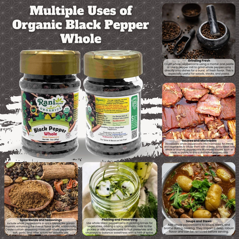 Rani Organic Black Pepper Whole (Peppercorns), Premium Bold Tellicherry Quality 3oz (85g) PET Jar ~ All Natural | Gluten Friendly | Non-GMO | USDA Certified Organic | Kosher | Product of Vietnam