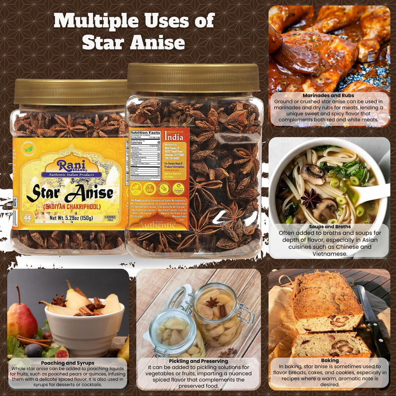 Rani Star Anise Seeds, Whole Pods (Badian Khatai) Spice 5.29oz (150g) PET Jar ~ All Natural | Gluten Friendly | Kosher | Vegan | Whole Chinese Anise Star Sun Dried Spice, Anis Estrella / Illicium Verum, Widely Used for Baking, Drinks, Cooking, and Tea