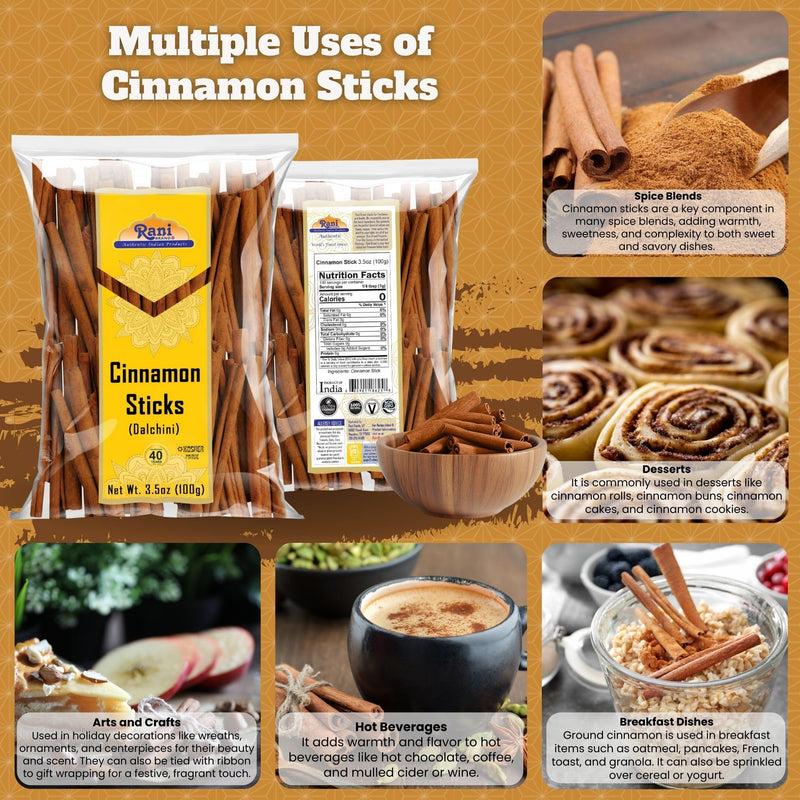 Rani Cinnamon Sticks 3.5oz (100g) - 18-22 Sticks - Strong Aroma, Perfect for Baking, Cooking & Beverages | 3+ Inches Length - Cassia Saigon Cinnamon from Vietnam | Kosher