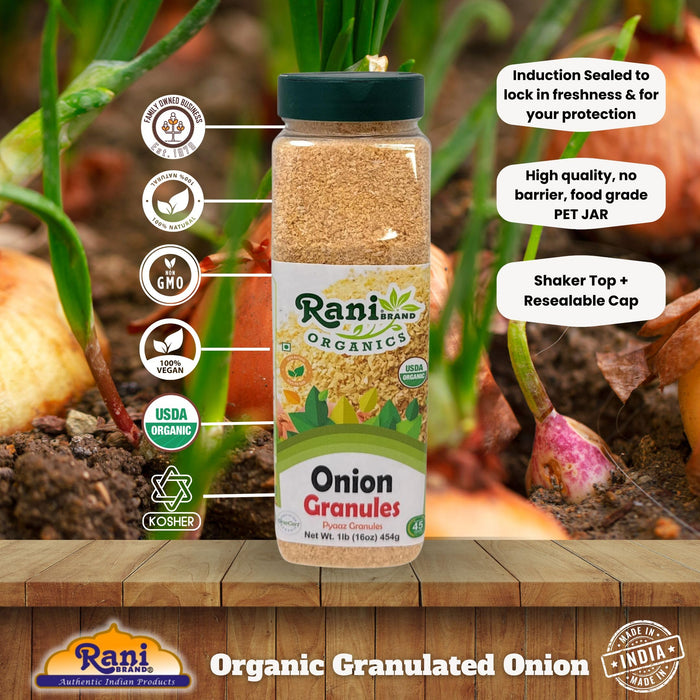 Rani Organic Granulated Onion (Pyaaz Granules) 16oz (1lb) 454g PET Jar ~ All Natural | Gluten Friendly | Vegan | NON-GMO | Kosher | No Salt or fillers | Indian Origin | USDA Certified Organic