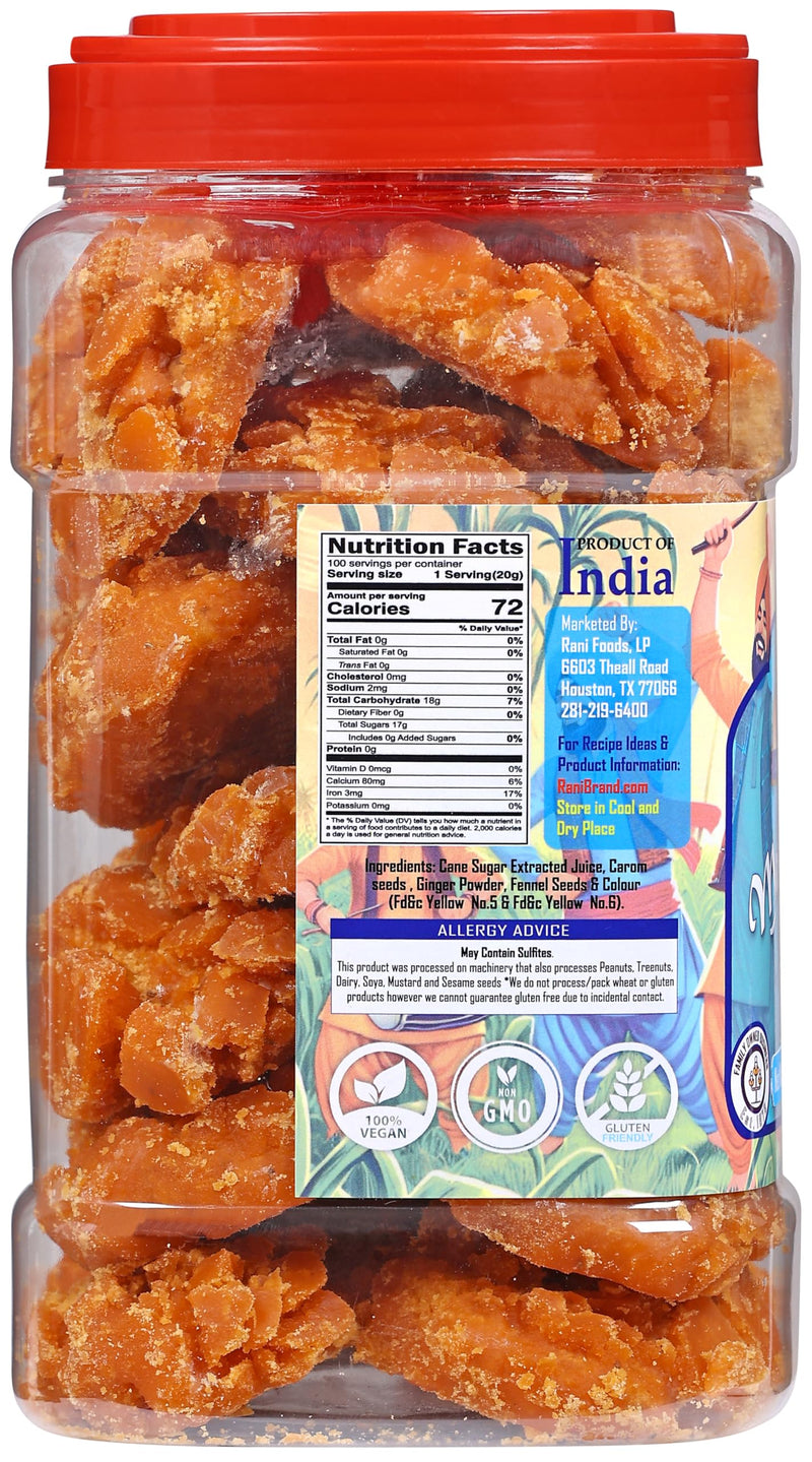 Rani Masala Gur (Jaggery) Indian Unrefined Raw Cane Sugar 70oz (4.4lbs) 2kg PET Jar ~ Gluten Friendly | Vegan | NON-GMO | Kosher | No Salt or fillers | Indian Product