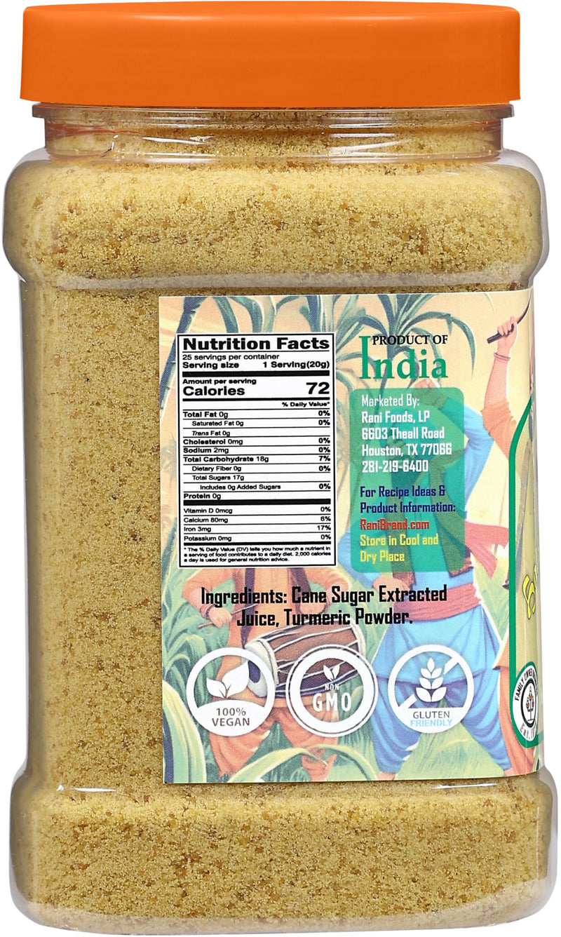 Rani Haldi Gur Shakkar (Turmeric with Indian Jaggery) Indian Unrefined Raw Cane Sugar 17.5oz (1.1lbs) 500g PET Jar ~ Gluten Friendly | Vegan | NON-GMO | Kosher | No Salt or fillers | Indian Product
