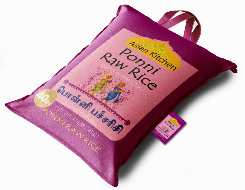 Asian Kitchen Ponni Raw Rice 40-Pound Bag, 40lbs (18.14kg) Short Grain Rice ~ All Natural | Gluten Friendly | Vegan | Indian Origin | Export Quality