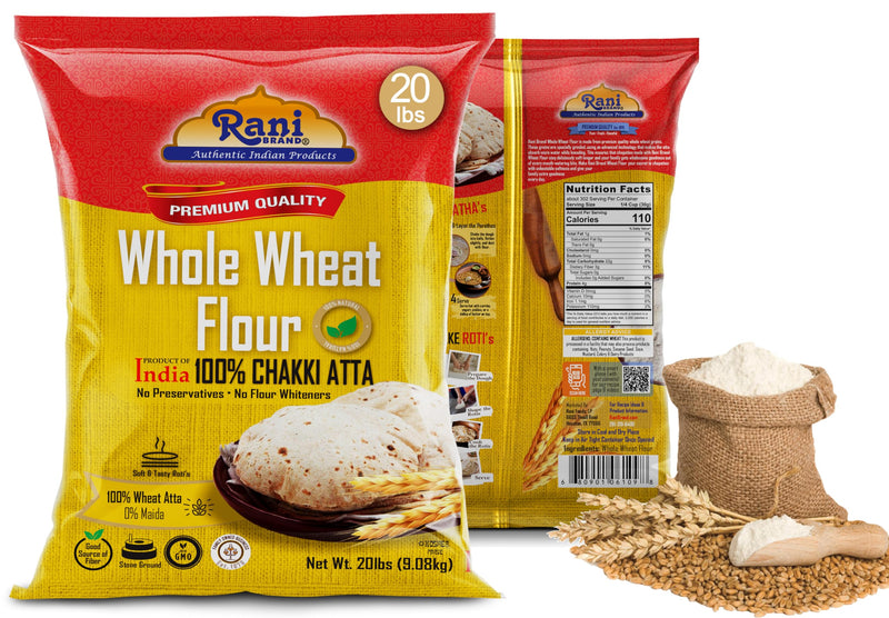 Rani Chapati Flour (100% Pure Whole Wheat Chakki Atta), For Making Roti & Indian Breads 320oz (20lbs) 9.08kg Bulk ~ Stone Ground, All Natural | Vegan | No Salt or Colors | NON-GMO | Indian Origin (Copy)