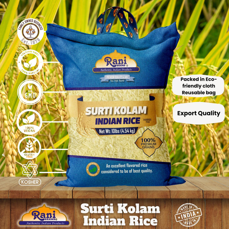 Rani Surti Kolam Indian Rice 160oz (10lbs) 4.54kg Cloth Bag ~ All Natural | Gluten Friendly | Vegan | Kosher | Export Quality | Indian Origin
